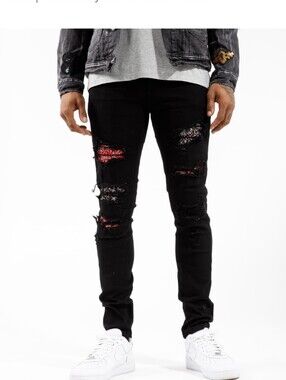 Cote De Nuits Men's Black And Red Bandana Crystal Ripped  Jeans 40w x 34L
